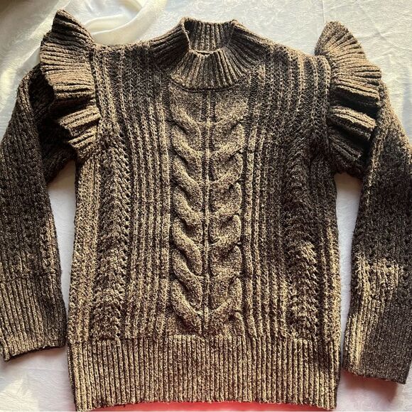 Sweaters - Cliche Chunky Knit Brown Sweater with Ruffle Sleeves woman’s size small